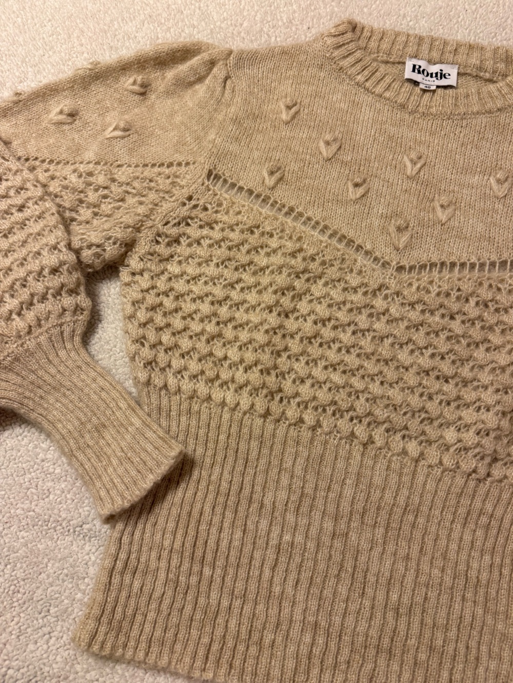 ROUJE Paris Sylvie Knit Jumper Sweater Cream Beige Oatmeal Pointelle Puff Sleeve - Picture 9 of 11
